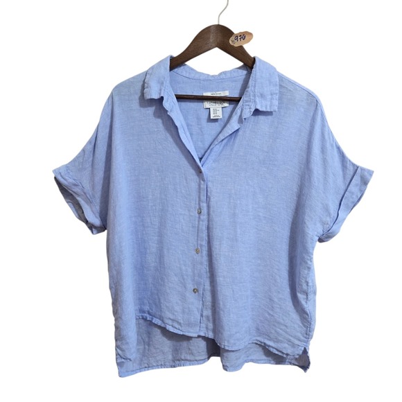 Rachel Zoe Tops - Rachel Zoe Women's Linen Short Sleeve Blouse Size XL Blue MOP Buttons Summer Top